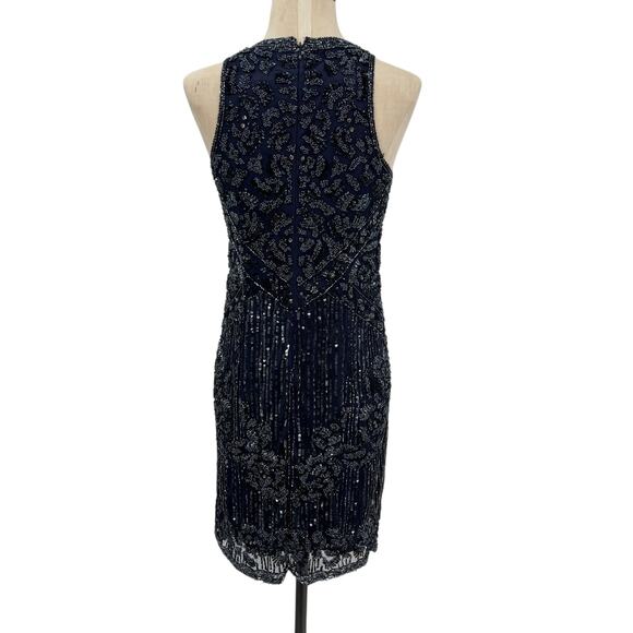 Theia Sequin Sheath Dress Embellished Beaded Sleeveless Navy Blue Size US 4 - Picture 7 of 13